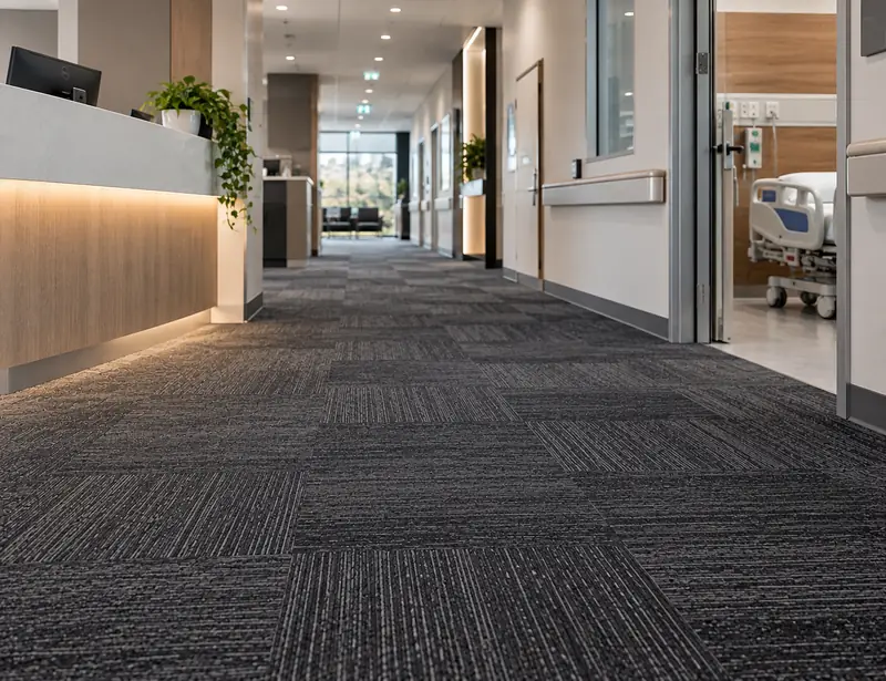 Dark carpet tile corridor past a reception desk