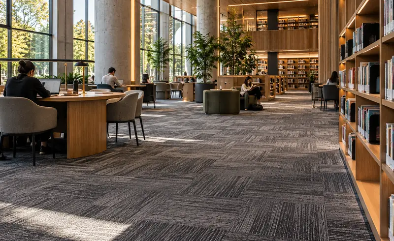 Library with dark carpet tile and timber shelves