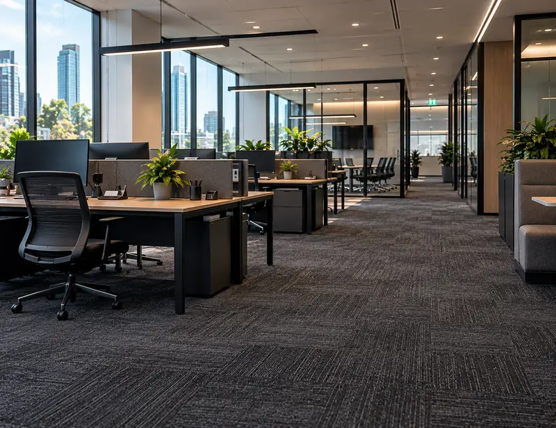 Open-plan office with dark carpet tile and city views