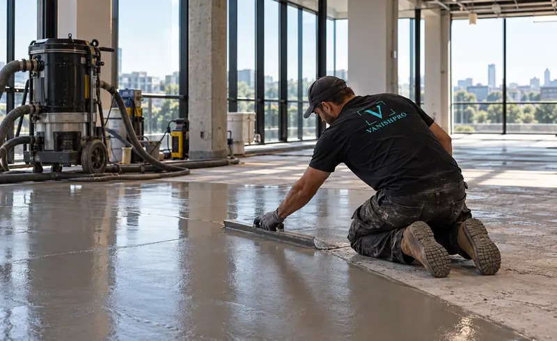 Installer smoothing levelling screed on a floor in an open office