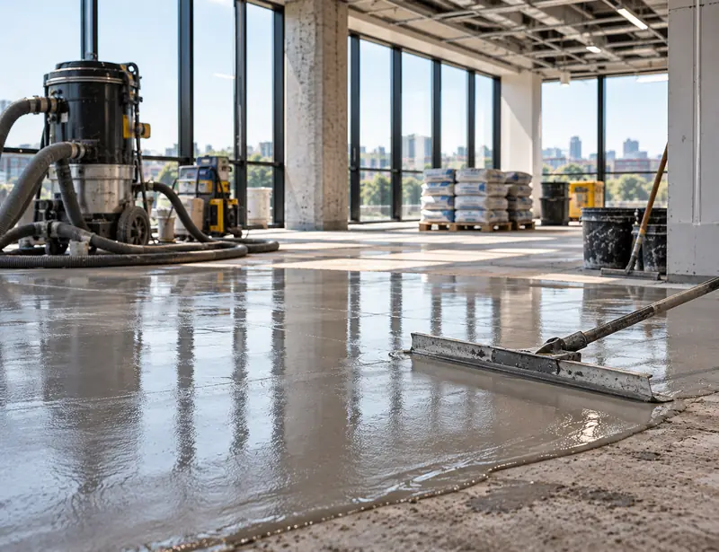 Levelling screed being spread on a concrete slab with a dust extractor nearby