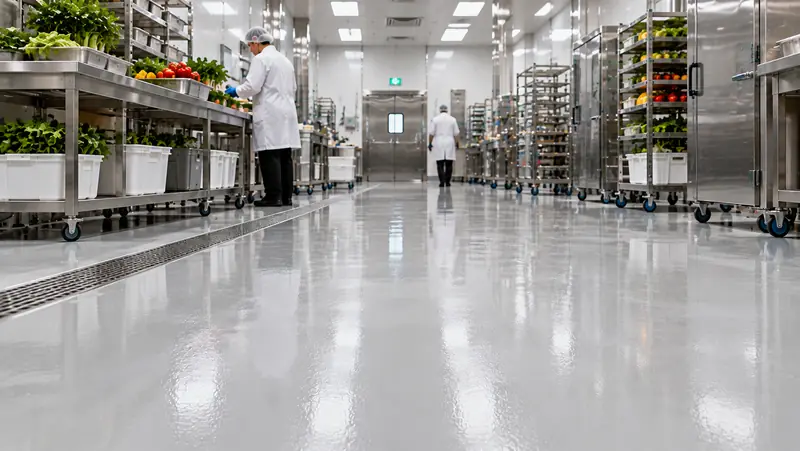 Seamless light grey floor in a food preparation room, with a drain channel and staff in white coats