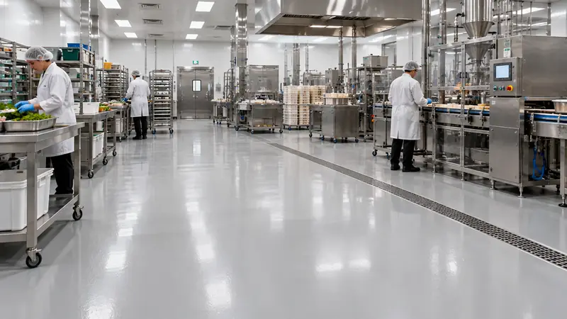 Wide food preparation room with a smooth wipe-clean floor and stainless steel benches