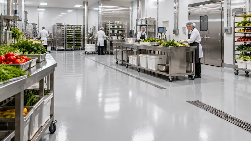 Fresh vegetables on steel benches beside a seamless grey floor