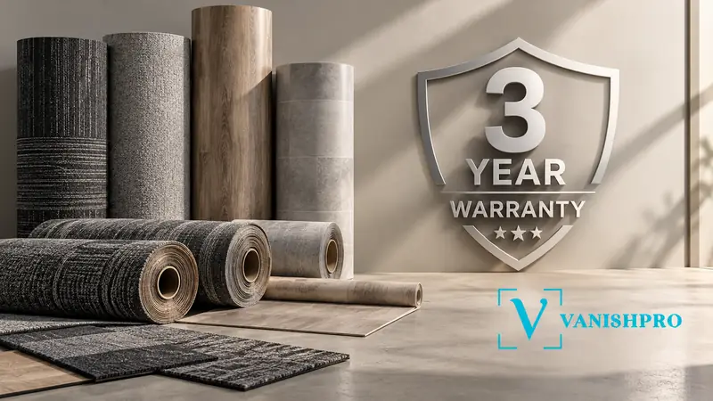 Rolls of carpet and vinyl on a studio floor beside a metal shield badge with the Vanishpro mark