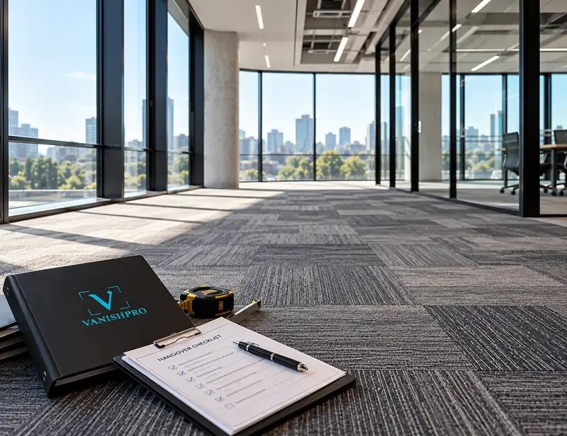 Handover checklist and tape measure on a carpet tile floor in a bright office