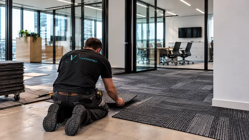 Installer laying carpet tiles in a bright office with city views