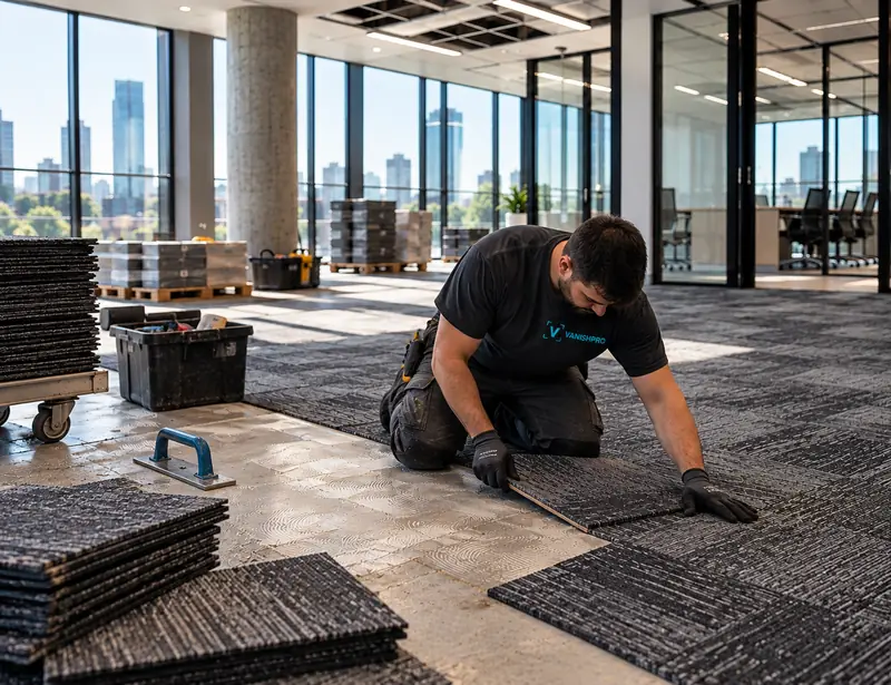 Installer kneeling to lay carpet tiles in an open office