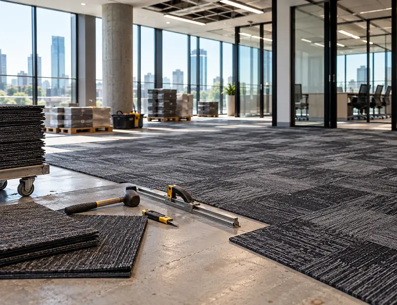 Carpet tiles stacked on a trolley with hand tools on a prepared slab