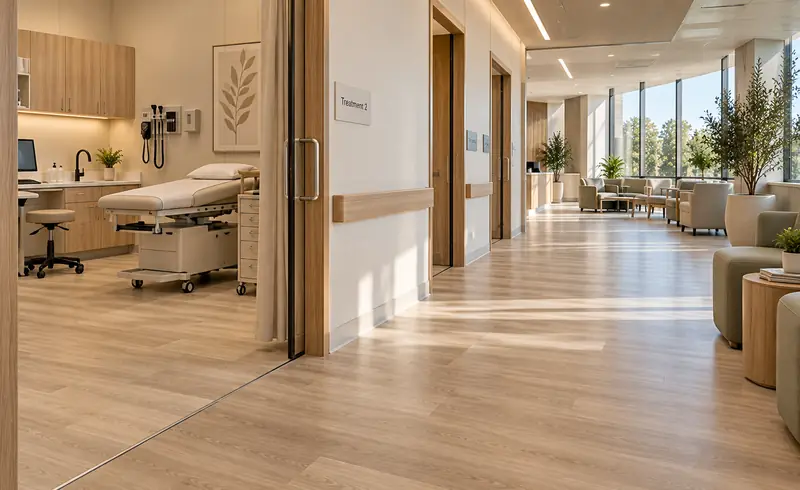 Clinic treatment room and waiting area with a timber-look plank floor