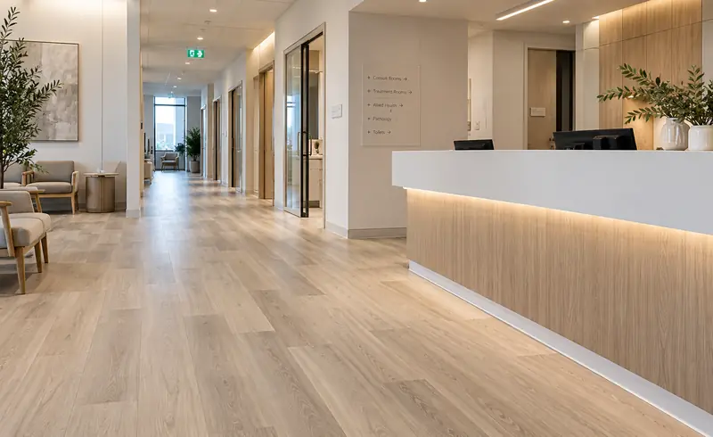 Reception desk and corridor with a pale timber-look plank floor