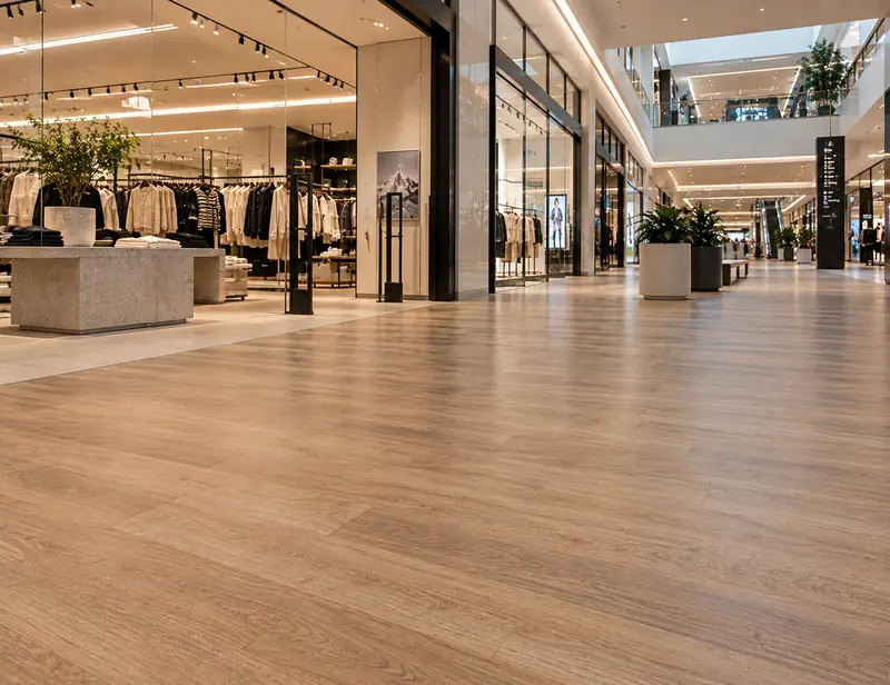 Shop floor with a timber-look luxury vinyl plank floor