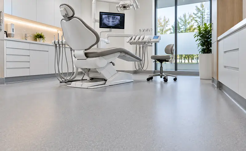 Dental treatment room with a speckled grey safety floor