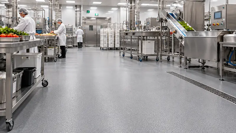 Food factory with a speckled grey safety floor and a drain channel