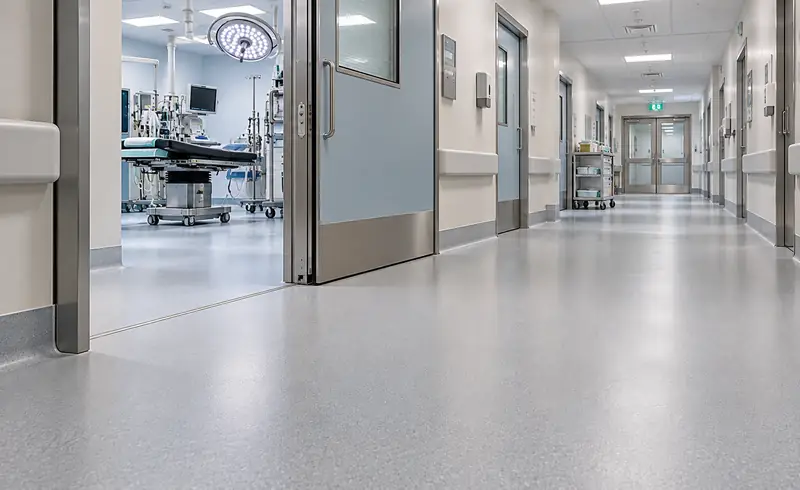 Hospital corridor with a slip-resistant grey floor leading to an operating room