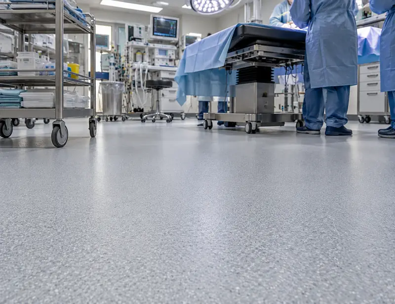 Speckled grey slip-resistant floor in an operating theatre, seen at floor height