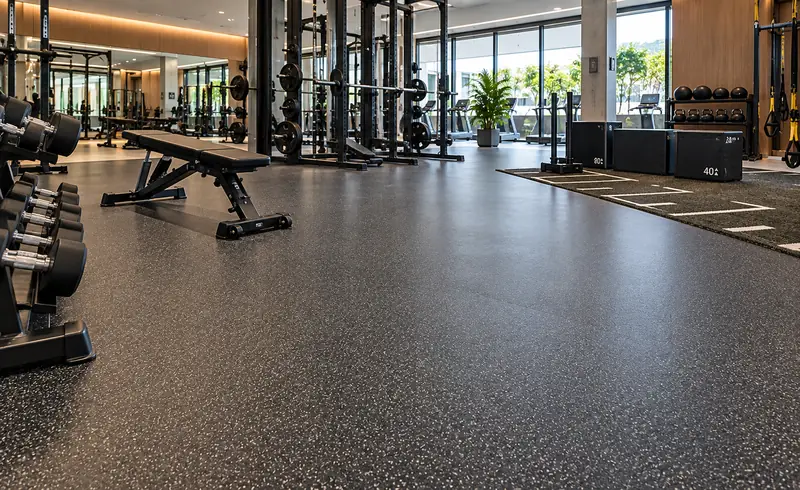 Dark speckled gym floor with dumbbells, benches and training equipment