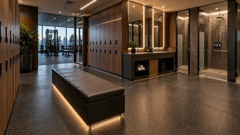 Changing room with timber lockers, a padded bench and a dark speckled floor
