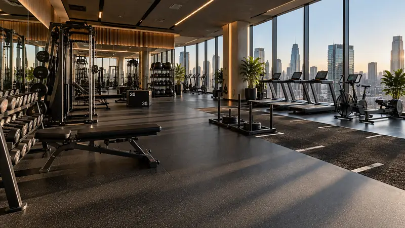 Gym with a dark speckled floor and city views through tall windows