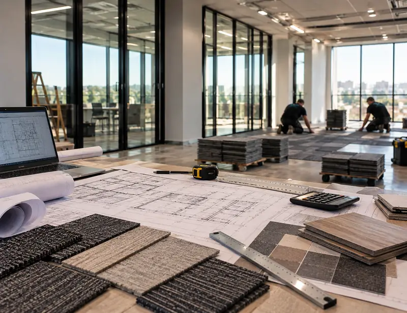 Floor plans, sample tiles and planks, a calculator and a laptop in an empty office