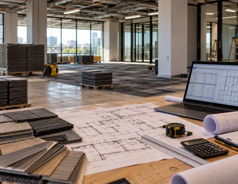 Floor plans, flooring samples, a tape measure and a laptop on a bench