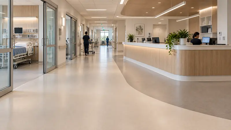 Care ward corridor with a curved nurses desk and a smooth beige sheet vinyl floor