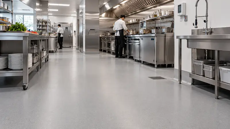 Commercial kitchen with a grey sheet vinyl floor and a chef at work