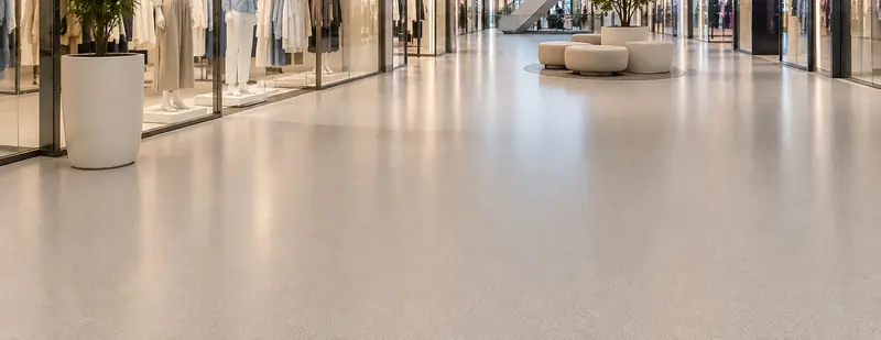 Smooth pale grey sheet vinyl floor in a shopping centre walkway