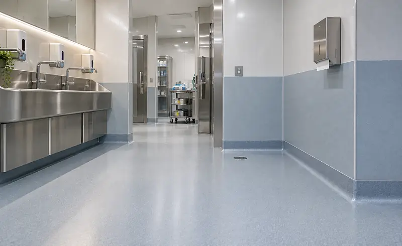 Clinical corridor with blue wall vinyl up to waist height and a matching seamless floor