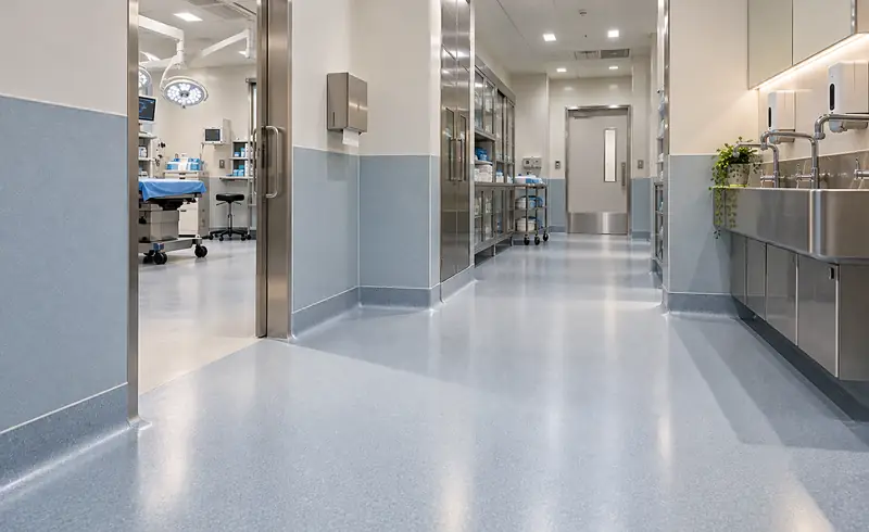 Corridor with steel basins, blue wall panels and a seamless floor leading to a treatment room