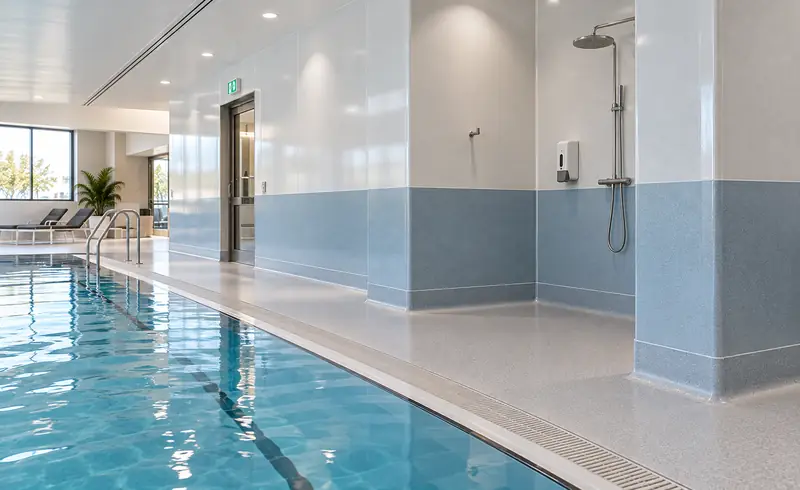Indoor pool area with blue wall vinyl panels beside a shower