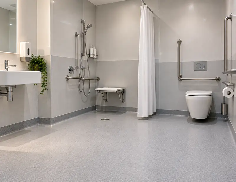 Accessible shower room with grey wall vinyl, a curtain and grab rails