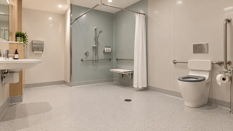 Accessible bathroom with wall vinyl, grab rails and a non-slip floor